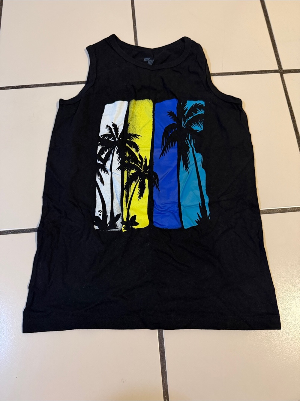 The Children's Place Black Tank Top with Yellow Blue Teal Palm Stripes